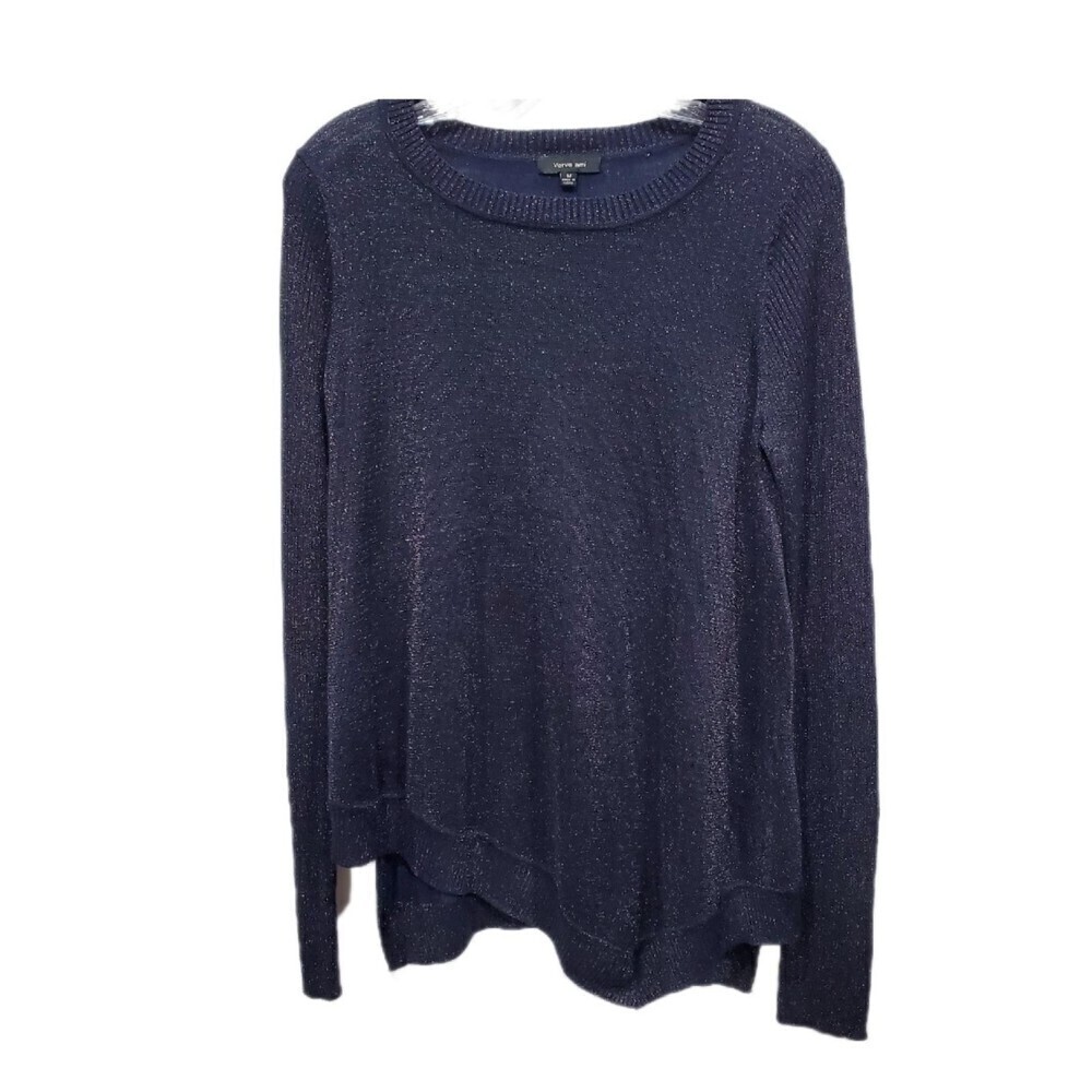 VERVE Ami Asymmetrical Hem Sheer Metallic Sweater Size M